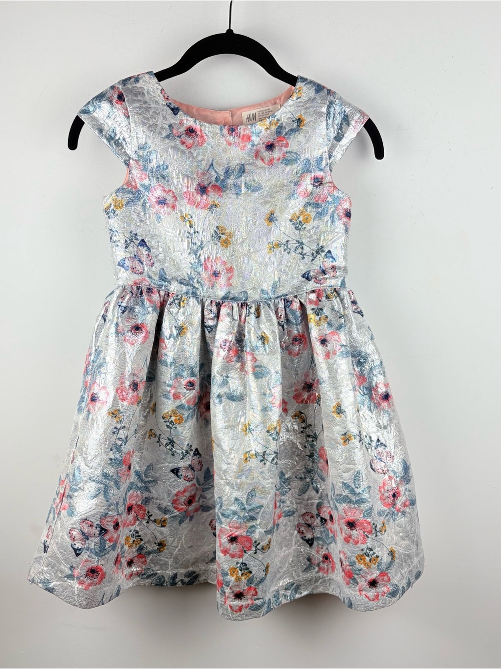H&M Silver Metallic Floral Girls Short Sleeve Party Dress Size 7 8 Fancy Festive